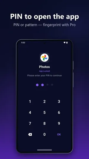 PIN to open the app: the AppLocker lock screen over Photos
